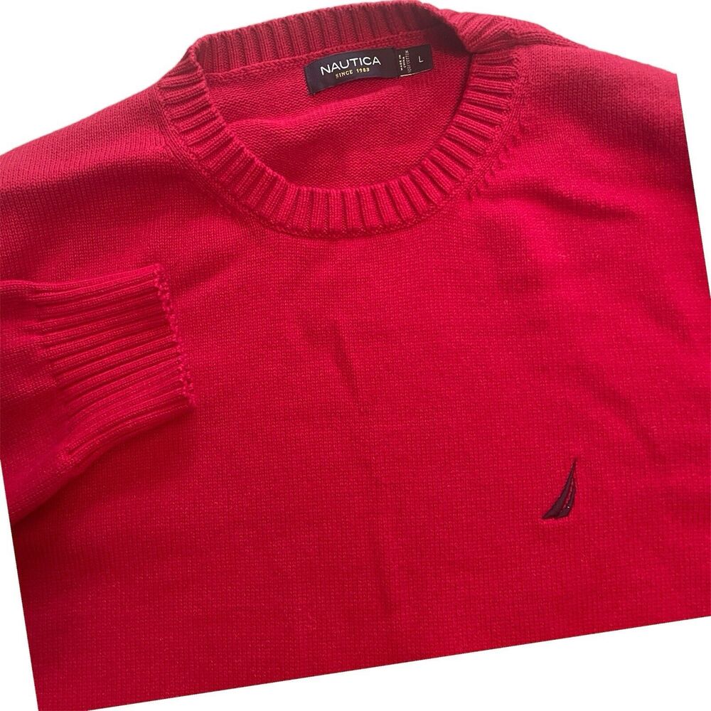 Nautica Men’s Large Red Crew Neck Sweater Tight Knit Pullover Cotton Preppy